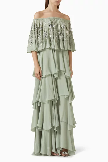 Floral Embroidered Ruffled Maxi Dress