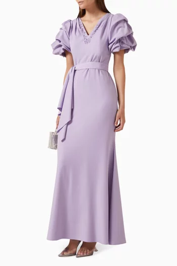 Belted Embellished Maxi Dress in Crepe