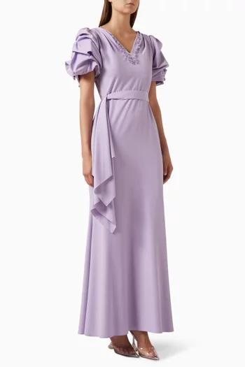 Belted Embellished Maxi Dress in Crepe
