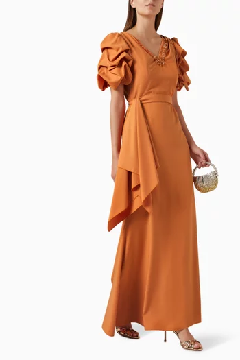 Belted Embellished Maxi Dress in Crepe