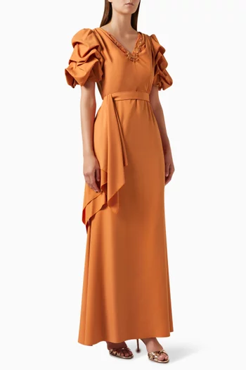 Belted Embellished Maxi Dress in Crepe