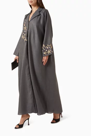 3D Thread & Bead Embroidered Abaya in Linen