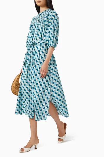 Checkers Smocked Midi Dress in Cotton Voile