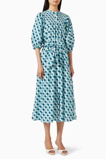 Checkers Smocked Midi Dress in Cotton Voile