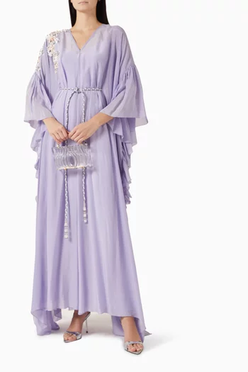 V-NECK KAFTAN WITH RUFFLE TRIMMINGS AND 3D FLORAL EMBELLISHMENTS ON THE SHOULDER, PAIRED WITH A BRAIDED BELT:Dark Pink:S|218779252