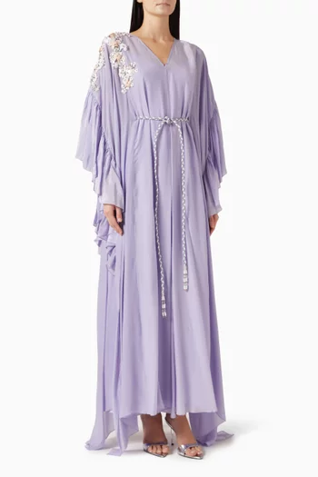 V-NECK KAFTAN WITH RUFFLE TRIMMINGS AND 3D FLORAL EMBELLISHMENTS ON THE SHOULDER, PAIRED WITH A BRAIDED BELT:Dark Pink:S|218779252