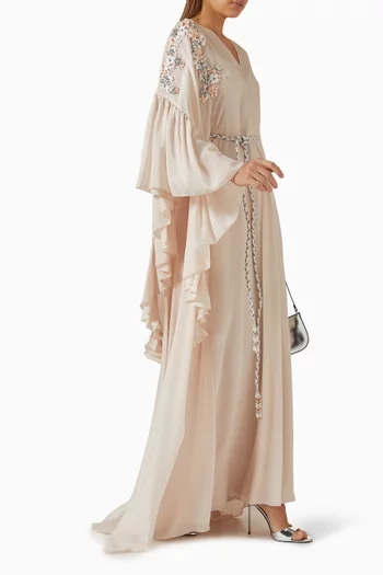 V-NECK KAFTAN WITH RUFFLE TRIMMINGS AND 3D FLORAL EMBELLISHMENTS ON THE SHOULDER, PAIRED WITH A BRAIDED BELT:Light/Pastel Purple:S|218779239