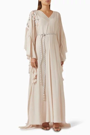 V-NECK KAFTAN WITH RUFFLE TRIMMINGS AND 3D FLORAL EMBELLISHMENTS ON THE SHOULDER, PAIRED WITH A BRAIDED BELT:Light/Pastel Purple:S|218779239