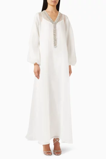"Sheer kaftan featuring hand-embroidered crystal detailing cascading from the neckline to the waist, layered over a matching inner dress.":White    :S|218780199