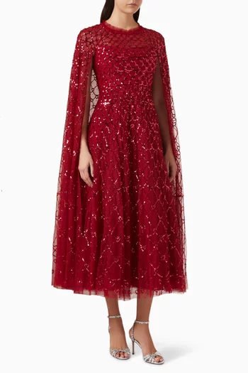 فستان سهرة بطول الكاحل مزين بنقشة قلوب بتصميم شبكي