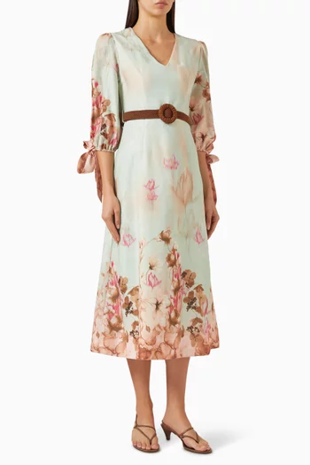 فستان بحزام ونقشة زهور كتان