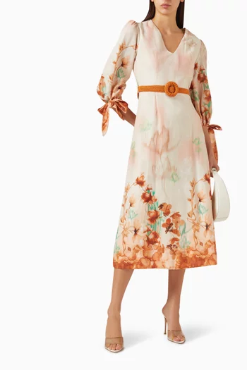 فستان بحزام ونقشة زهور كتان