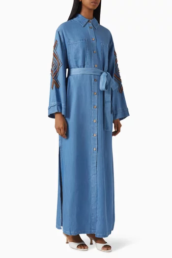 Beaded-trims Belted Maxi Dress