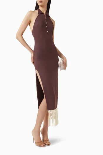 فستان تروبيكانا متوسط الطول بشرّابات جيرسيه