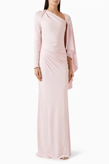 فستان طويل بدرابيه ومطرز بأحجار الراين