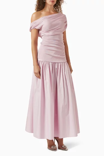 فستان متوسط الطول بدرابيه نسيج قطن