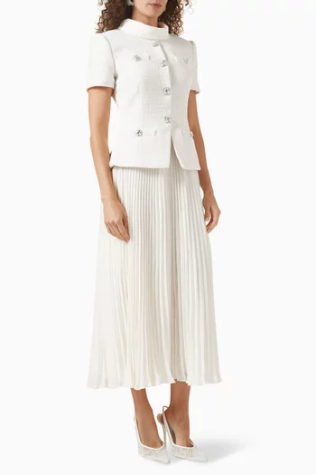 فستان متوسط الطول بياقة وطيّات نسيج بوكليه