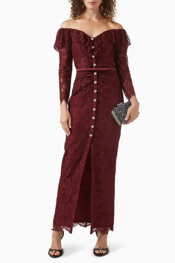 فستان طويل بكشكش وأكتاف مكشوفة دانتيل