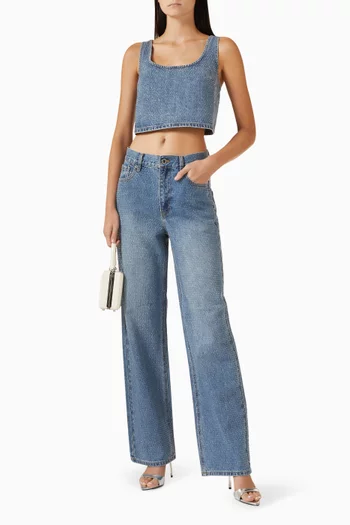 بلوزة قصيرة مطرزة بأحجار الراين قماش دينم