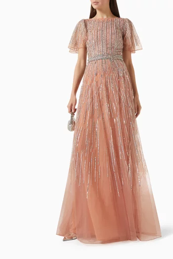 فستان سهرة مطرز بالترتر تول