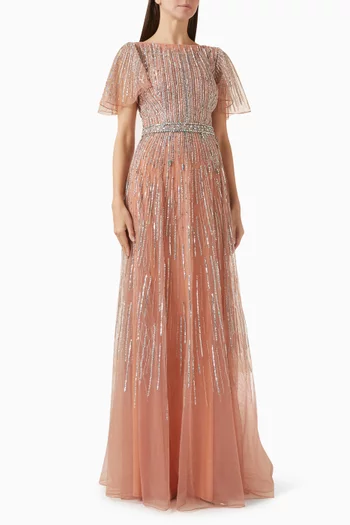 فستان سهرة مطرز بالترتر تول