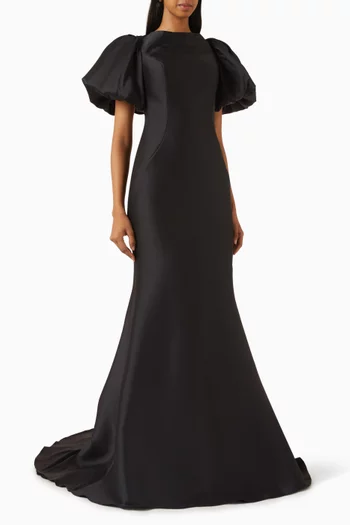 Puff-sleeve Gown in Stretch-mikado