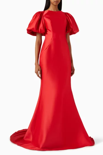 Puff-sleeve Gown in Stretch-mikado