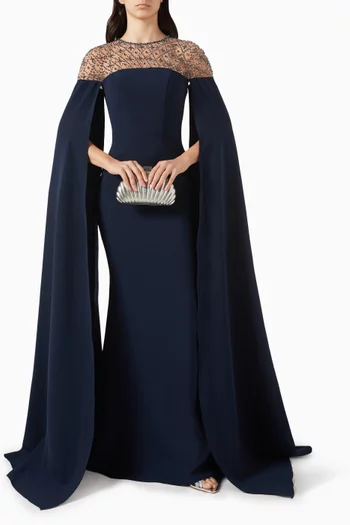 فستان سهرة بكاب مزين بتطريزات كريب