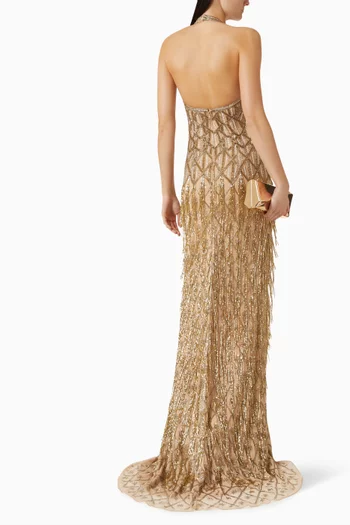 Sequin-embellished Slit Gown in Mesh