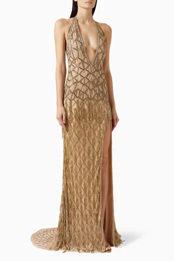 Sequin-embellished Slit Gown in Mesh