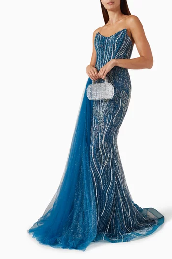 فستان سهرة مطرز بالخرز تول