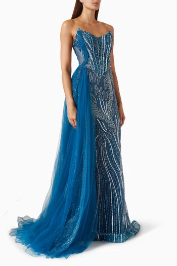 فستان سهرة مطرز بالخرز تول