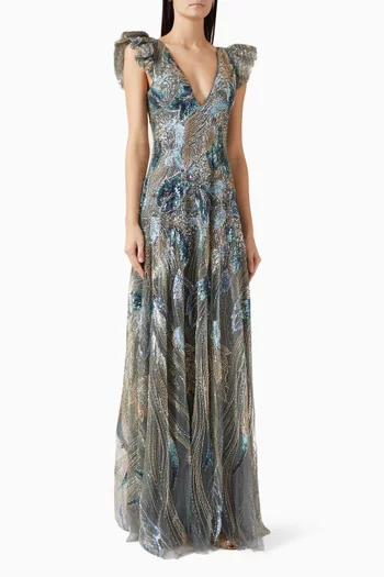 فستان سهرة مطرز بالترتر تول