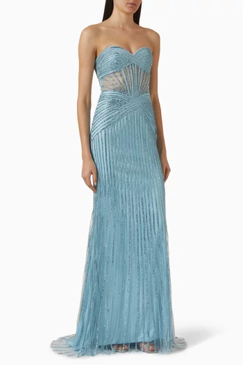 فستان سهرة بلا حمالات مزين بتطريزات بالخرز