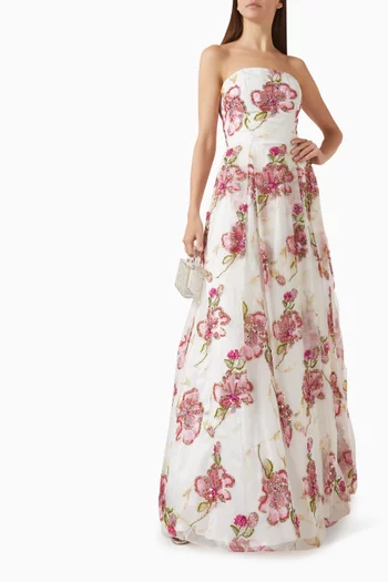 فستان سهرة بلا حمالات مزين بزهور بارزة