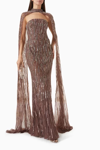 فستان سهرة بكاب وتطريزات بالترتر