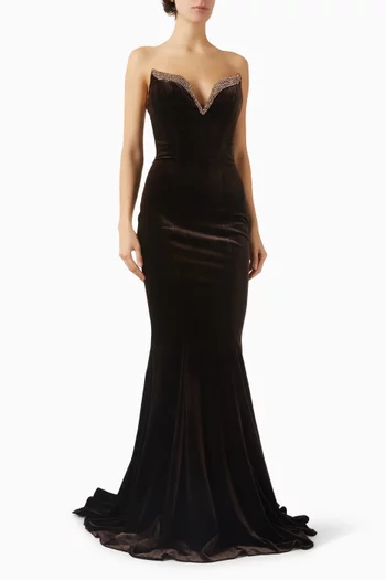 فستان سهرة مطرز بالكريستال مخمل مطاطي