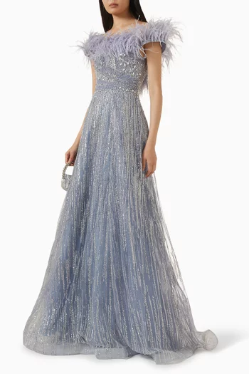 فستان سهرة مزين بريش صناعي