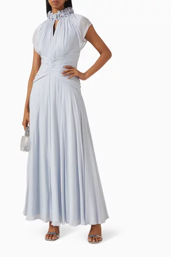 Ruffled-neck Pleated Maxi Dress