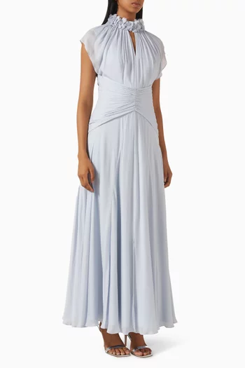 Ruffled-neck Pleated Maxi Dress
