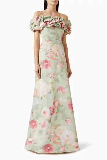 Floral-print Off-shoulder Gown in Taffeta