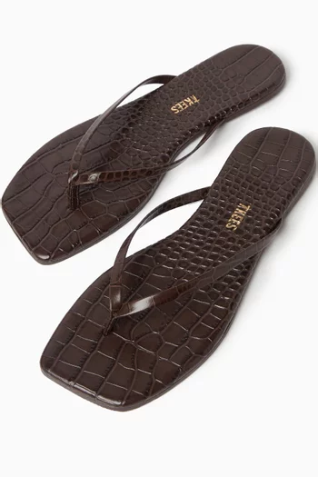 Square Toe Lily Flip-Flops in Croc-embossed Leather