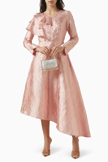 فستان متوسط الطول بكشكش جاكار