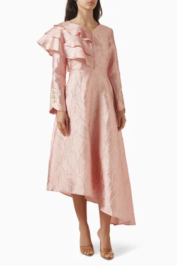 فستان متوسط الطول بكشكش جاكار