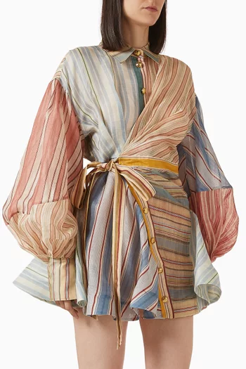 فستان ربيلين قصير بنقشة مخططة مزيج كتان