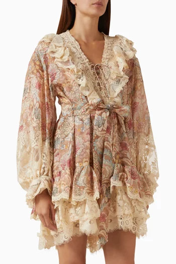 فستان ربيلين قصير بأربطة حرير وكتان