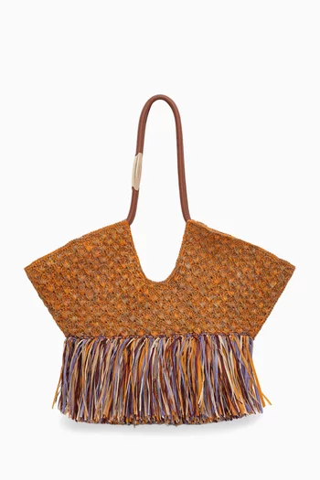 Medium Goldentime Fringe Tote Bag in Raffia