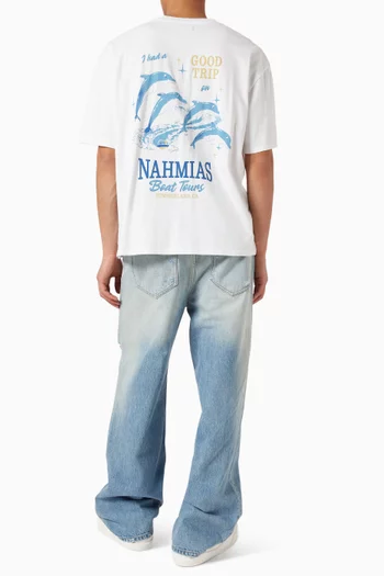 تي شيرت بطبعة Boat Tours وقصة مربعة قطن