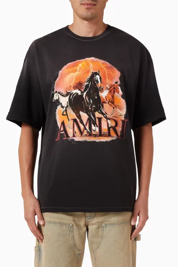 تي شيرت بقصة فضفاضة وطبعة حصان بسيطة قطن