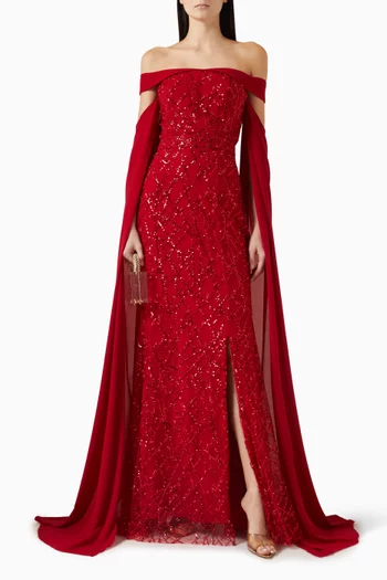 Off-shoulder Embellished Gown in Crepe & Tulle